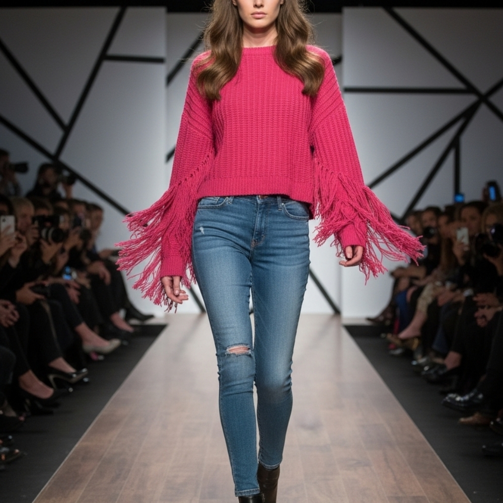 Pink Crew Neck Sweater with Ribbed Texture